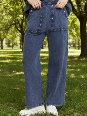 NWT Mineral Wash Studded Wide Leg Pants in Navy